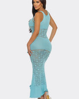 Seaside Serenity Crochet Maxi Dress - Baby Blue showing sophisticated construction details
