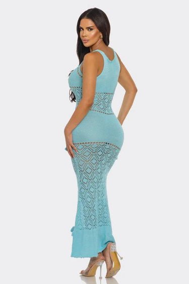 Seaside Serenity Crochet Maxi Dress - Baby Blue showing sophisticated construction details