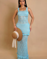 Seaside Serenity Crochet Maxi Dress - Baby Blue front view showing full-length maxi silhouette