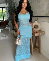 Seaside Serenity Crochet Maxi Dress - Baby Blue side view highlighting floor-length hemline