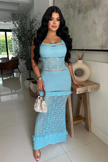 Seaside Serenity Crochet Maxi Dress - Baby Blue side view highlighting floor-length hemline