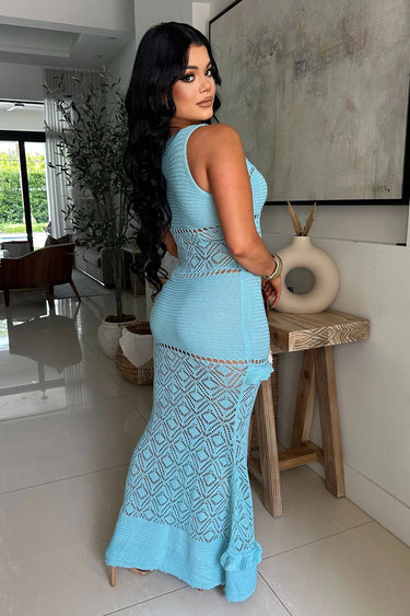 Elegant Baby Blue crochet maxi dress on model styled for evening event