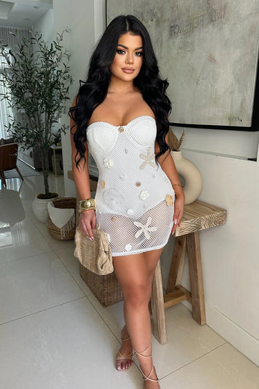 Seaside Treasures Mesh Mini Dress - White front view showing mini dress silhouette