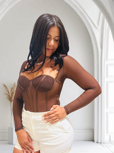 Seductress Mesh Corset Top - Brown - Palazzo Couture Online