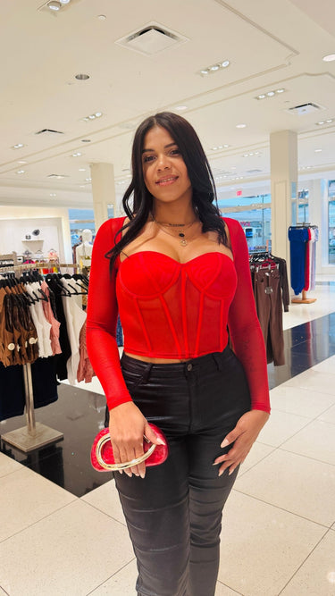 Seductress Mesh Corset Top - Red - Palazzo Couture Online