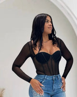 Seductress Mesh Corset Top - Black - front view