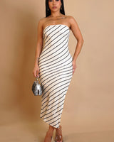 Sequin stripe knit midi dress in cream and black with strapless neckline front view