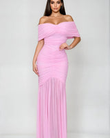 Seraphina Draped Elegance Gown Maxi Dress - Baby Pink front view showing full-length maxi silhouette