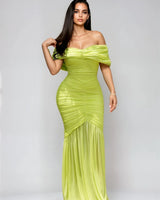 Seraphina Draped Elegance Gown Maxi Dress - Chartreuse close up detail of draped design and fabric