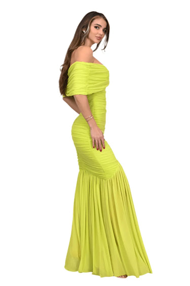 Seraphina Draped Elegance Gown Maxi Dress - Chartreuse front view showing full-length maxi silhouette