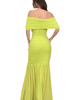 Seraphina Draped Elegance Gown Maxi Dress - Chartreuse side view highlighting floor-length hemline