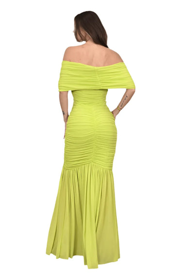 Seraphina Draped Elegance Gown Maxi Dress - Chartreuse side view highlighting floor-length hemline