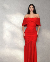 Seraphina Draped Elegance Gown Maxi Dress - Red close up detail of draped design and fabric