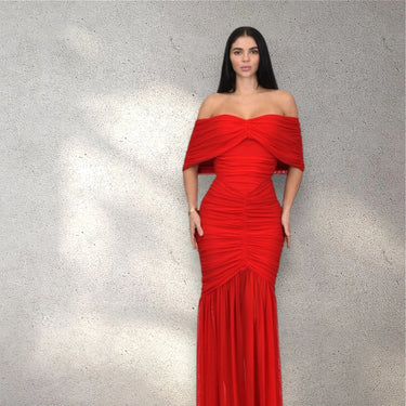 Seraphina Draped Elegance Gown Maxi Dress - Red close up detail of draped design and fabric