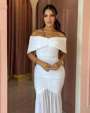 Seraphina Draped Elegance Gown Maxi Dress - White - Palazzo Couture Online