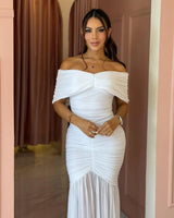 Seraphina Draped Elegance Gown Maxi Dress - White close up detail of draped design and fabric