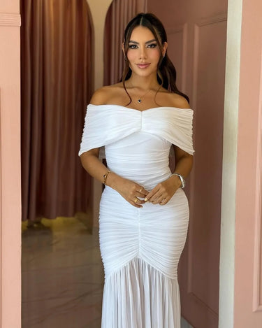 Seraphina Draped Elegance Gown Maxi Dress - White close up detail of draped design and fabric