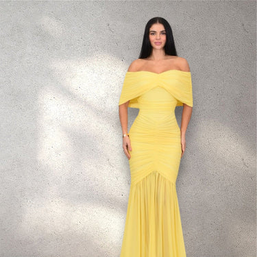 Seraphina Draped Elegance Gown Maxi Dress - Yellow - Palazzo Couture Online