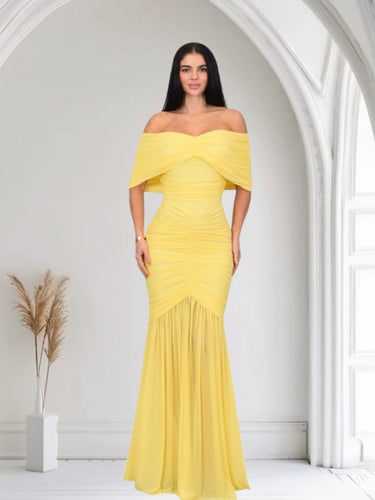 Seraphina Draped Elegance Gown Maxi Dress - Yellow - Palazzo Couture Online