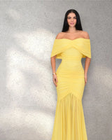 Seraphina Draped Elegance Gown Maxi Dress - Yellow close up detail of draped design and fabric