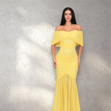 Seraphina Draped Elegance Gown Maxi Dress - Yellow close up detail of draped design and fabric