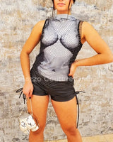 Sexy Black Mesh Top – Stretch Turtle Neck Knit - women's sleeveless top