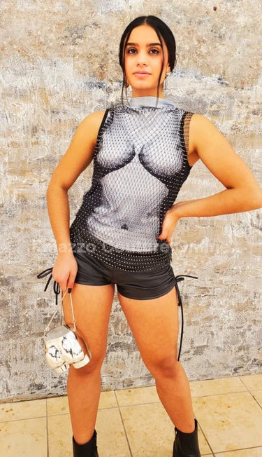 Sexy Black Mesh Top – Stretch Turtle Neck Knit - women's sleeveless top