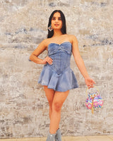 Shary Sexy Strapless Ruffle Denim Romper - Palazzo Couture Online