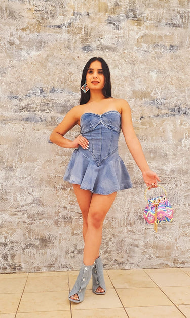 Shary Sexy Strapless Ruffle Denim Romper - Palazzo Couture Online