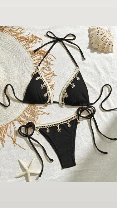 Shell Charm Crochet Bikini Set Black - front view