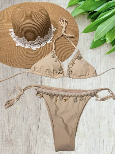 Shell Charm Crochet Bikini Set Nude - front view