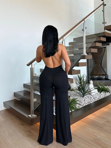 Shimmer and Shine Elegant Plunge Jumpsuit (Black) - Palazzo Couture Online