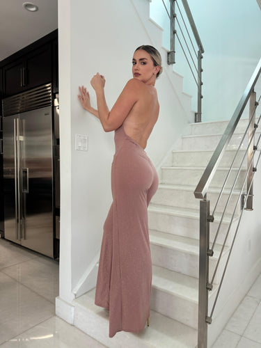 Shimmer and Shine Elegant Plunge Jumpsuit (Mauve) - Palazzo Couture Online