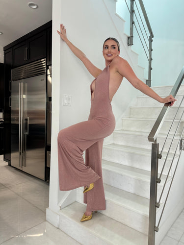 Shimmer and Shine Elegant Plunge Jumpsuit (Mauve) - Palazzo Couture Online