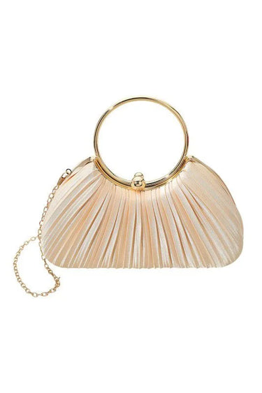Shimmer Pleated Ring Handle Clutch Bag - Champagne - women's evening clutch