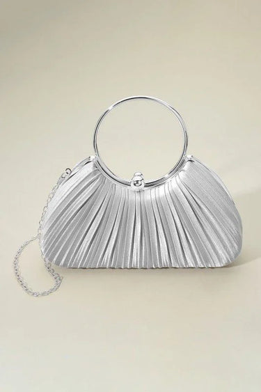 Shimmer Pleated Ring Handle Clutch Bag - Silver - women's evening clutch