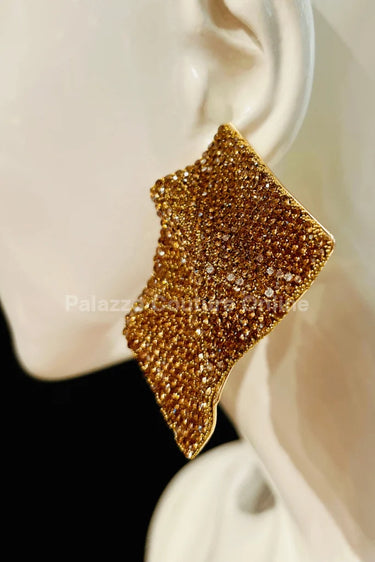 Shimmer Wave Rhinestone Earrings – Gold Flag Style - women's statement jewelry