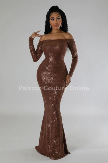 Shine The Night Dress (Brown) - Palazzo Couture Online