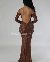 Shine The Night Dress  (Brown) close up detail of elegant design and fabric