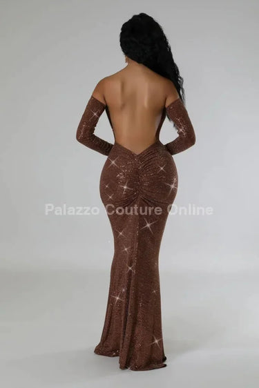 Shine The Night Dress  (Brown) close up detail of elegant design and fabric