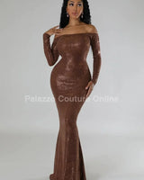 Shine The Night Dress  (Brown) front view showing full-length maxi silhouette