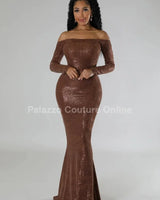 Shine The Night Dress  (Brown) side view highlighting floor-length hemline