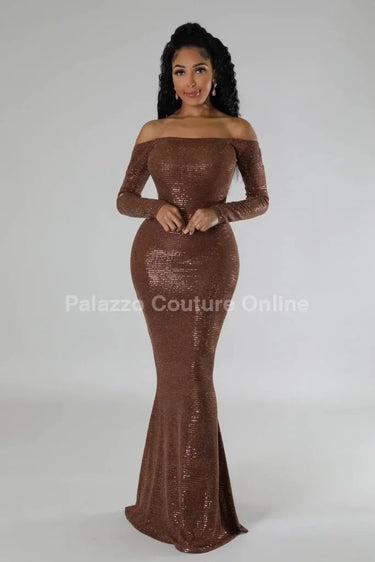 Shine The Night Dress  (Brown) side view highlighting floor-length hemline