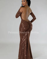 Elegant Brown elegant maxi dress on model styled for evening event