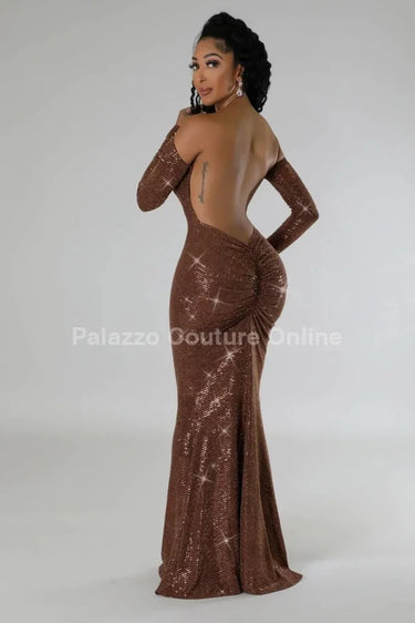 Elegant Brown elegant maxi dress on model styled for evening event
