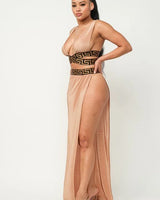 Show me the Meaning of Love Pleated Skirt Set (Khaki) side view showing skirt silhouette and fit