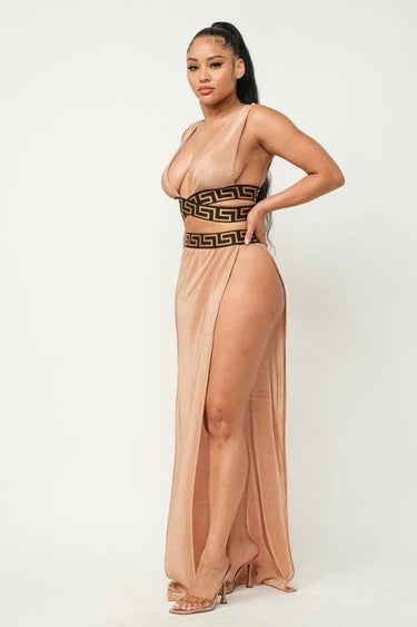 Show me the Meaning of Love Pleated Skirt Set (Khaki) side view showing skirt silhouette and fit