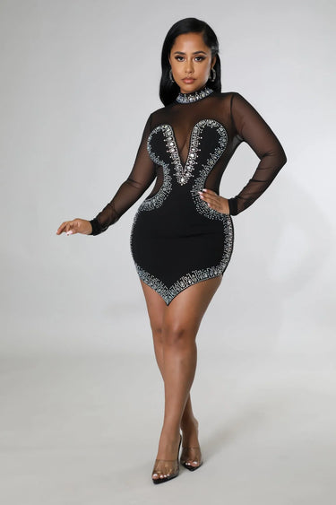 Silhouette Nights Black Rhinestone Dress with Sheer Details close up detail of elegant design