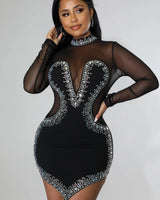 Silhouette Nights Black Rhinestone Dress with Sheer Details front view showing mini dress silhouette