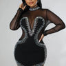 Silhouette Nights Black Rhinestone Dress with Sheer Details front view showing mini dress silhouette